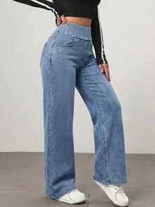SHEIN Essnce Winter Street Plus Size Pocket Button Denim Light Blue Daily Wear Wide Leg Jeans - Light Wash - View 5