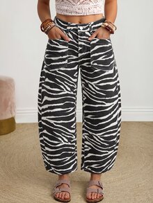 SHEIN PETITE 女款斑馬紋鈕扣口袋休閒日常牛仔褲 - 黑色 - 查看 4