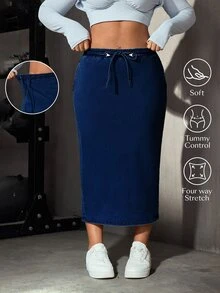 SHEIN Essnce 冬季街頭風高腰寬腰頭口袋深藍色牛仔中長裙，日常穿著 - 深色水洗藍 - 查看 1