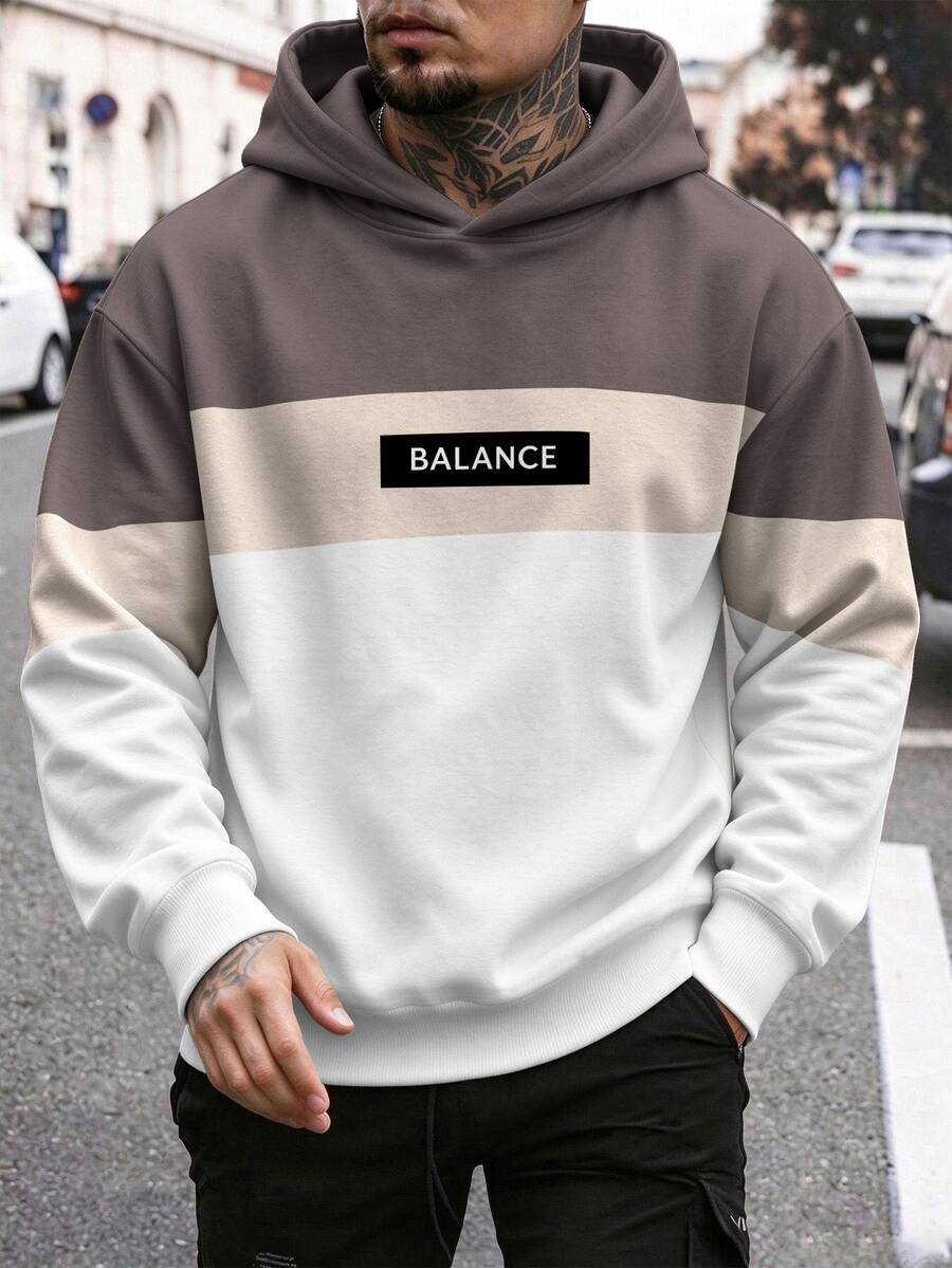 HypeHours 歐美風男士經典休閒百搭 BALANCE 字母印花三色拼接寬鬆落肩連帽衛衣,中性款適合日常穿著與通勤必備 - 彩色 - 查看 1