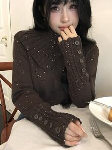 DAZY Women's Sequin Button Long Sleeve Vintage Sweater - Brown - View 7