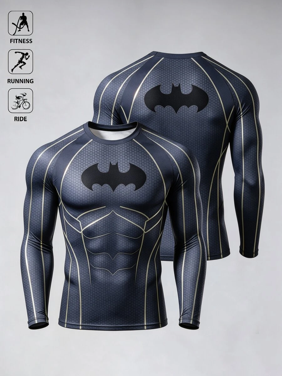 BATMAN X SHEIN Gym Rark 男士蝙蝠軟綿休閒日常通勤運動T恤 - 彩色 - 查看 1