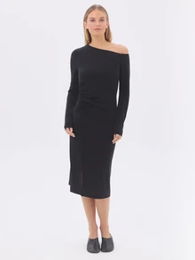 KÆRIA Hus Asymmetric Ruched Midi Dress - Lyocell-Blend Jersey - Black - Christmas Party, Evening, Bodycon - Black - View 4