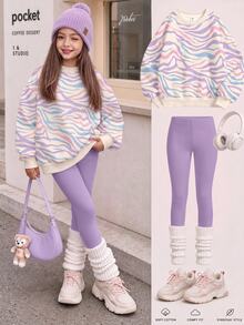 SHEIN 芋莓斑馬條紋鹽系馬卡龍色，軟甜夢幻少女風，女款休閒舒適抓絨內裡圓領套頭運動衫與刷毛內裡內搭褲套裝，適合秋冬日常穿著、外出、運動，復古甜美慵懶少女風，隨性時尚，歡慶假期，姊妹穿搭，新年新風尚 - 彩色 - 查看 7