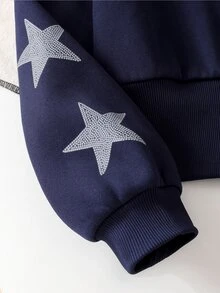 SHEIN 大女孩星星印花拉鍊連帽衛衣與寬腿褲 2 件套休閒海軍藍連帽運動服套裝 秋季款 - 黑色 - 查看 8