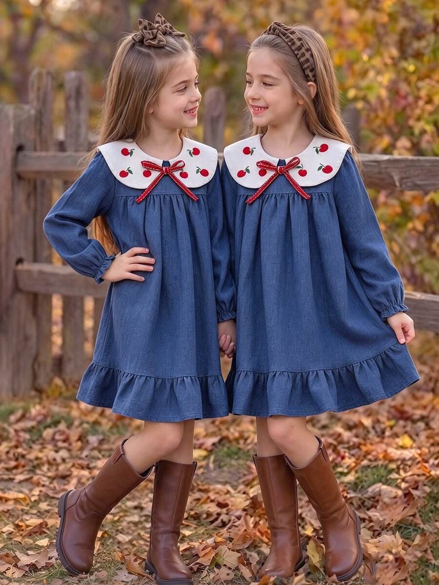 SHEIN 1pc Girls Cherry Print Denim Effect Dress, Peter Pan Collar, Puff Long Sleeve, Ruffle Hem, Casual Versatile Back To School And Daily Wear Dress - Blue - View 1