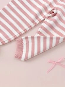 SHEIN Baby Girl Applique Embroidery Plush Bear Bow Peter Pan Collar Neck Long Sleeve Sweater Set, Striped Slim Fit Leggings, Suitable For Autumn And Winter - Baby Pink - View 8