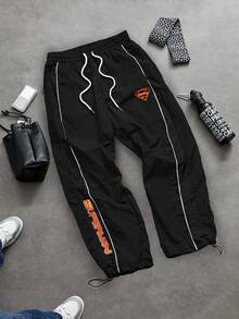 SUPERMAN X SHEIN Gym Rark Men's Drawstring Waist Letter Print Sports Long Pants - Black - View 1