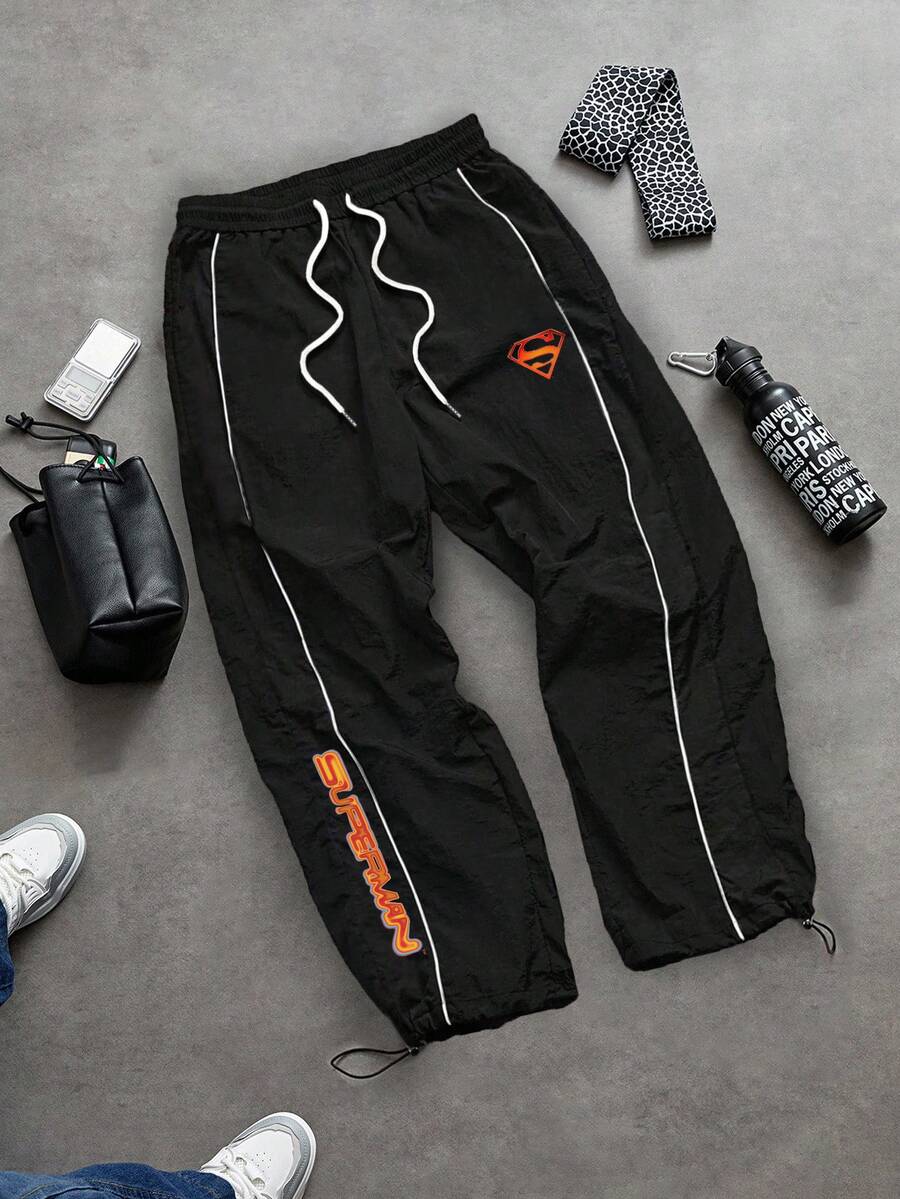 SUPERMAN X SHEIN Gym Rark Men's Drawstring Waist Letter Print Sports Long Pants - Black - View 1