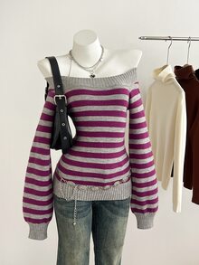 Elamini Women's Autumn/Winter Off-Shoulder Striped Fitted Long Sleeve Sweater - Dusty Purple - View 1