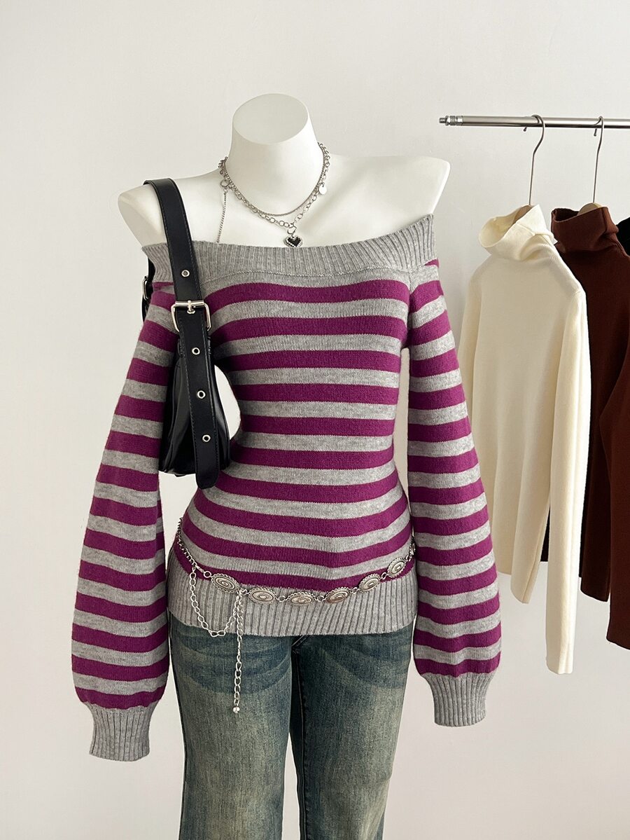 Elamini Women's Autumn/Winter Off-Shoulder Striped Fitted Long Sleeve Sweater - Dusty Purple - View 1
