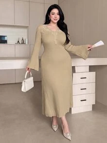 Modelyn Plus Size Women's Contrast Lace Bell Sleeve Elegant Knit Dress - Khaki - View 1
