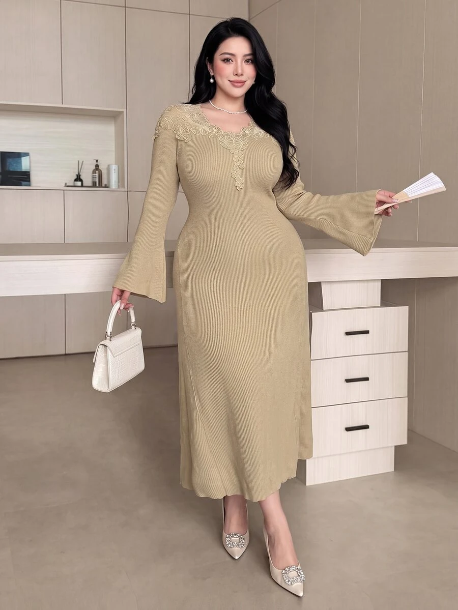Modelyn Plus Size Women's Contrast Lace Bell Sleeve Elegant Knit Dress - Khaki - View 1