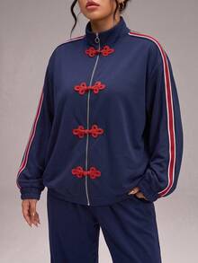 SHEIN BASICS Áo khoác size lớn phong cách vintage kẻ sọc phối màu nút cài hình ếch - Màu xanh hải quân - Xem 3