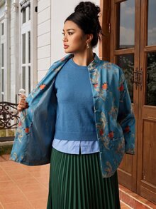 EastFlair Plus Size Women's Chinese Dragon Pattern Frog Button Front Elegant National Style Jacket - Multicolor - View 11