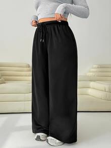 Solflare Plus Size Women's Drawstring Waist Solid Color Thermal Lined Sweatpants, Suitable For Autumn/Winter - Black - View 6
