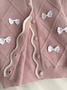 Girls' (Large) Cardigan, Handmade Cream White Bow, Pink Fabric Buttons, Ruffle Hem, Twisted Rope Diamond Lattice Front, Fashionable Versatile Pink Cardigan - Pink - View 8