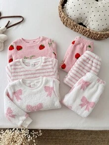 SHEIN Bộ 6 món áo nỉ lông giả họa tiết dễ thương dệt kim và quần dài cho bé gái mùa thu đông - Nhiều màu - Xem 5