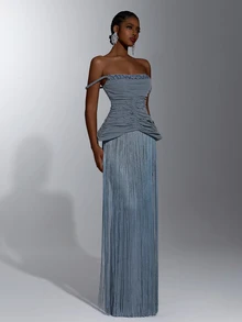 Elitara Elegant Luxury Knit Shimmer Off-Shoulder Dress With 3D Rhinestone Embellishments And Hand-Beaded Details, Slimming Ruched Waist, 2 In 1 Design, Tassel Decor, Bodycon Fit, Suitable For Evening Party, Exhibition, Business Event, Wedding, Bachelorette Party, Vacation, Date And Other Formal Occasions For Women - Dusty Blue - View 3