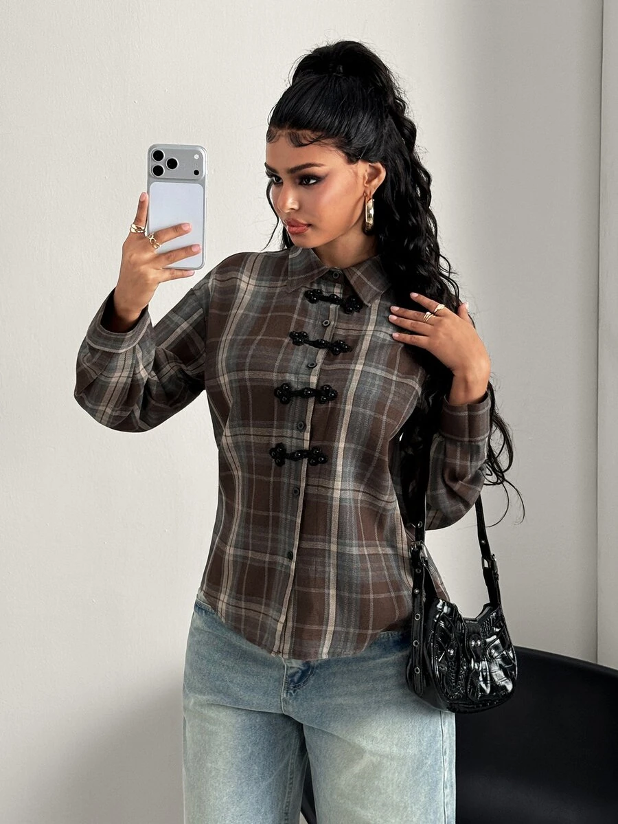 SHEIN BamGlam Women's Plaid Versatile Daily Casual Shirt - Brown - View 1