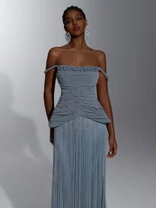 Elitara Elegant Luxury Knit Shimmer Off-Shoulder Dress With 3D Rhinestone Embellishments And Hand-Beaded Details, Slimming Ruched Waist, 2 In 1 Design, Tassel Decor, Bodycon Fit, Suitable For Evening Party, Exhibition, Business Event, Wedding, Bachelorette Party, Vacation, Date And Other Formal Occasions For Women - Dusty Blue - View 4