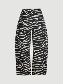 SHEIN PETITE 女款斑馬紋鈕扣口袋休閒日常牛仔褲 - 黑色 - 查看 10
