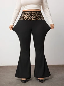 Enliva Plus-Size Women's Leopard Print Patchwork Black Stretch Flared Pants Apple,Rounded Body - Multicolor - View 3