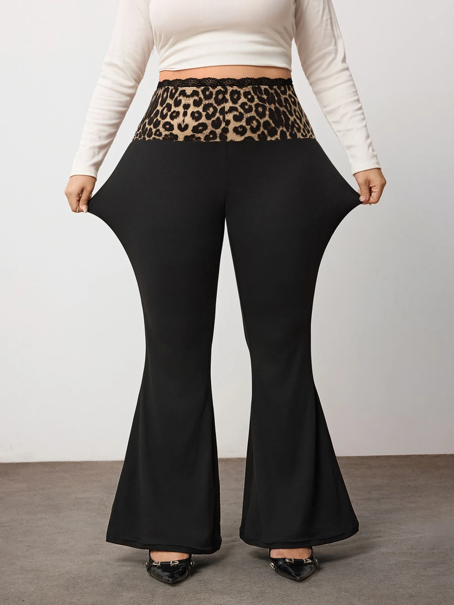 Enliva Plus-Size Women's Leopard Print Patchwork Black Stretch Flared Pants Apple,Rounded Body - Multicolor - View 1