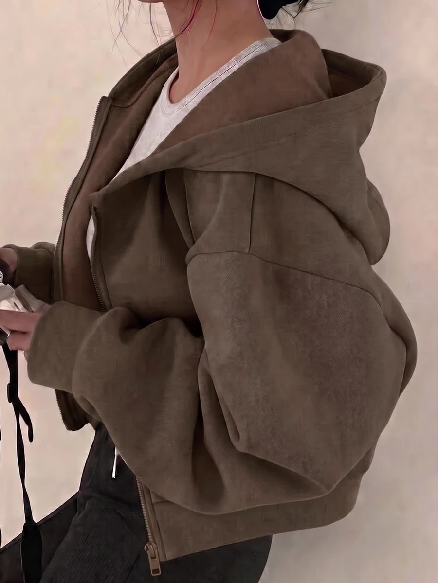 SHEIN 秋冬女款連帽拉鍊夾克-街頭風混搭衛衣,長袖抓絨,保暖針織面料,適合秋冬穿著 - 棕色 - 查看 1