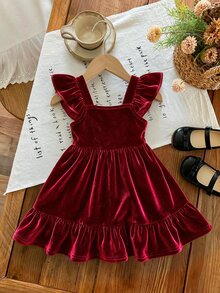 SHEIN 女嬰可愛夏季蝴蝶結條紋荷葉袖洋裝 - 紅色 - 查看 2