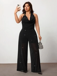 Enliva Plus-Size Draped Backless Jumpsuit With Metallic Embellishments, Perfect For Parties Hourglass - Black - View 4