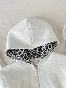 SHEIN Kids Tween Girl Autumn/Winter Casual Street Fashion Fleece Lined Thick Light Color Leopard Print Patchwork Zip-Up Hoodie & Wide Leg Sweatpants 2pcs Set Fall/Winter Outfits - Grey - View 4