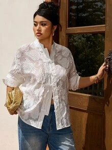 EastFlair Plus Size Women's Elegant Long Sleeve Blouse With Floral Embroidery And Frog Button Placket - White - View 3