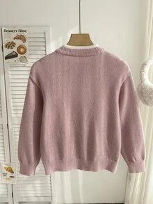 Girls' (Large) Cardigan, Handmade Cream White Bow, Pink Fabric Buttons, Ruffle Hem, Twisted Rope Diamond Lattice Front, Fashionable Versatile Pink Cardigan - Pink - View 2