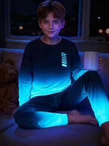 SHEIN Tween Boys Gradient Color Long Sleeve Top And Fitted Long Pants Pajama Set - Multicolor - View 1