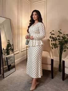 Modelyn Plus Size Women's Apricot Knit Digital Print Polka Dot Long Sleeve Cinched Waist A-Line Elegant Commuter Top And Fabric Button Skirt 2 Pieces Set - Apricot - View 4