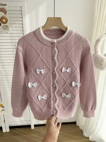 Girls' (Large) Cardigan, Handmade Cream White Bow, Pink Fabric Buttons, Ruffle Hem, Twisted Rope Diamond Lattice Front, Fashionable Versatile Pink Cardigan - Pink - View 6