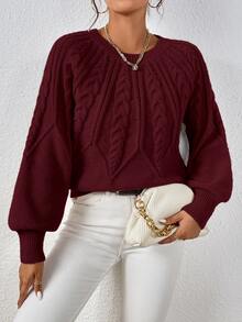 EMERY ROSE Cable Knit Lantern Sleeve Sweater,Long Sleeve Tops Knit Pullover Fall Winter - Burgundy - View 6