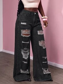 Slaydiva Plus Size Women Distressed Pocket Wide Leg Loose Casual Versatile Jeans - Black - View 8