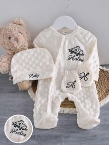 新生兒白色舒適保暖豆子提花毛絨可愛標語圖案連身衣帽子手套套裝 - 白色 - 查看 3