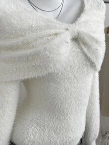 Elamini Women's Autumn/Winter Fuzzy Bow Square Neck Long Sleeve Knit Sweater - White - View 5