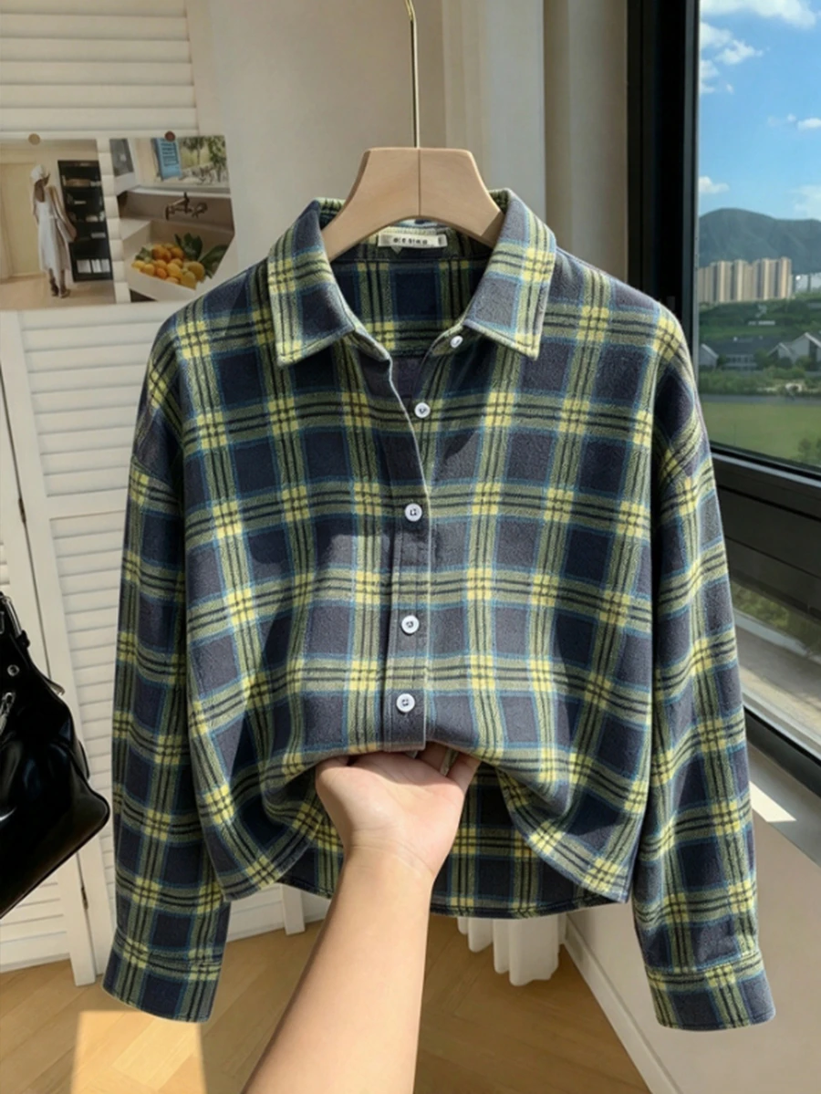 SHEIN 青少年女孩格紋長袖鈕扣襯衫,秋季休閒翻領上衣,秋季上衣套裝 2件組 - 綠色 - 查看 1