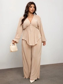 Enliva Plus Size Apricot Pleated V Neck Peplum Top And Wide Leg Pants Set For Hourglass Body - Apricot - View 7