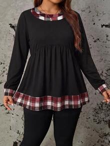 Comfylo 秋季休閒極簡復古聖誕氛圍拼接紅格紋印花大尺碼女款寬鬆T恤，適合秋冬外穿，聖誕穿搭 - 彩色 - 查看 3