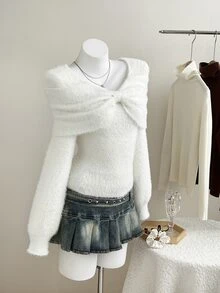 Elamini Women's Autumn/Winter Fuzzy Bow Square Neck Long Sleeve Knit Sweater - White - View 6