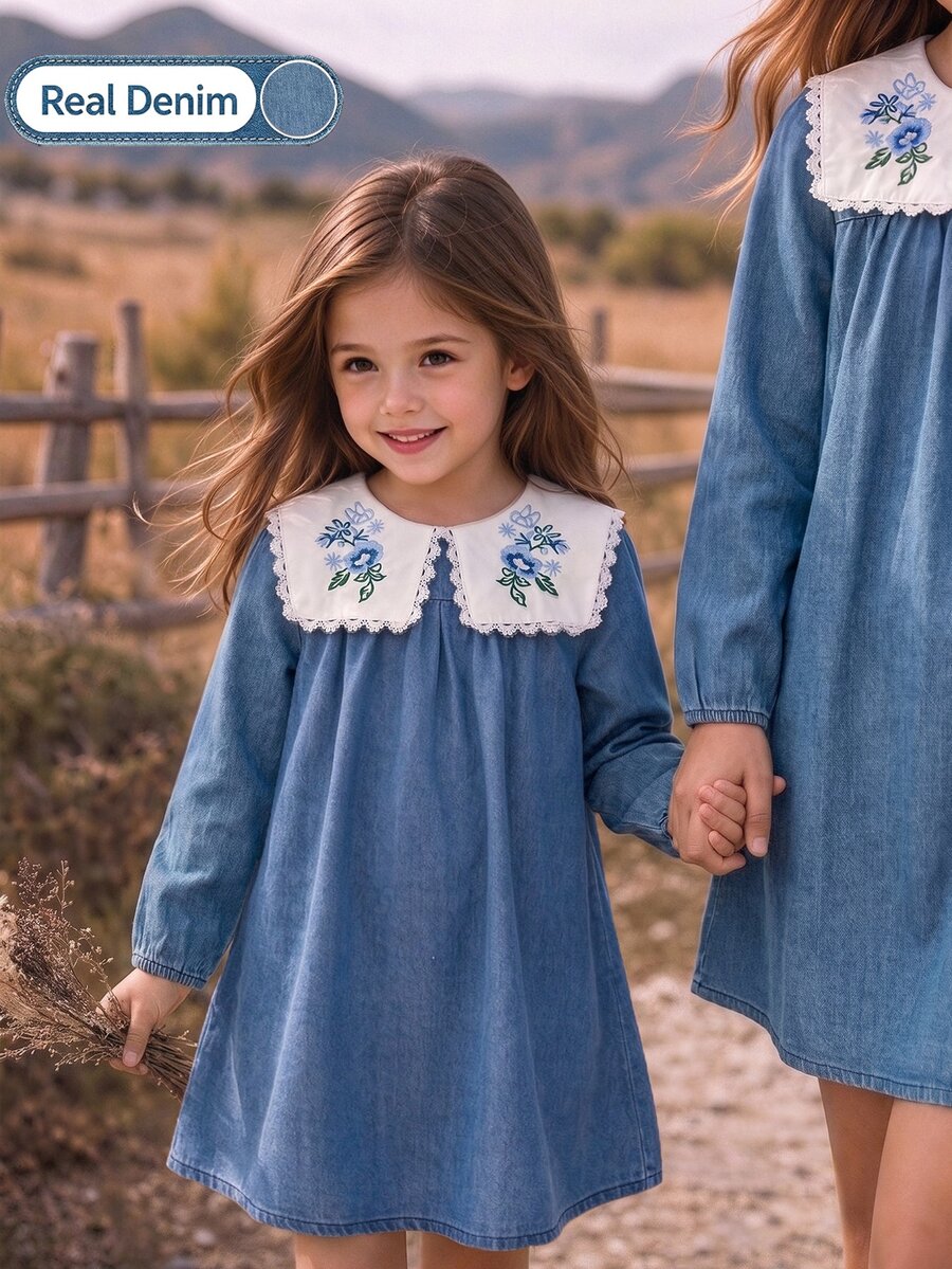 SHEIN 1pc Girls Sweet Style Dress, Floral Embroidery On Collar, Milk ...