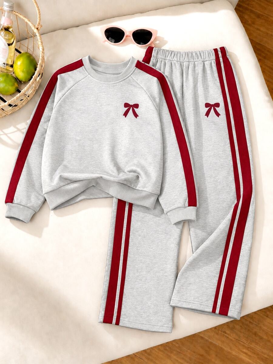 SHEIN Casuvi Kids 少女蝴蝶結印花長袖運動衫與條紋運動長褲套裝 - 灰色 - 查看 1