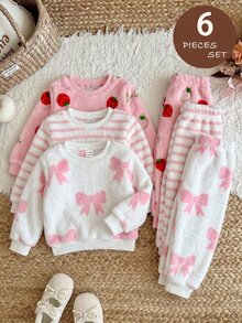 SHEIN Bộ 6 món áo nỉ lông giả họa tiết dễ thương dệt kim và quần dài cho bé gái mùa thu đông - Nhiều màu - Xem 6