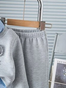 Baby Girl Bow Pattern Contrast Color Long Sleeve Sweatshirt And Pants Set - Light Grey - View 6