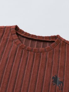 SHEIN Vintaside Kids Tween女孩秋冬加厚保暖學生運動風80年代可愛休閒內搭毛絨羅紋圓領長袖上衣與內搭褲T恤套裝 - 棕色 - 查看 6